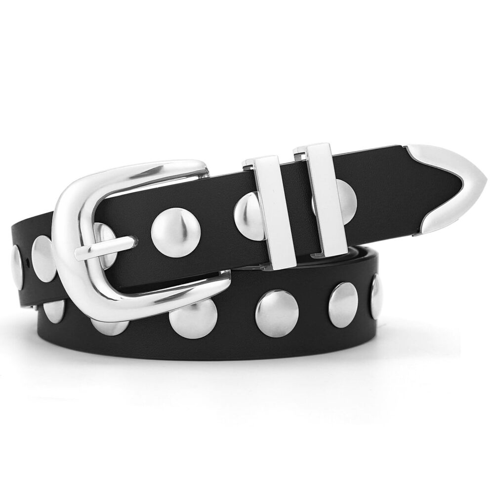 9696 Women Studded Belt For Jeans Dress Fashion Punk Leather Belt Black Belt